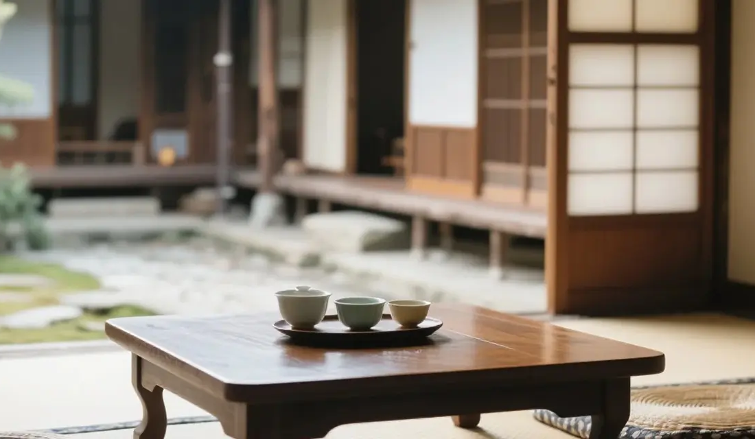 静寂な禅の茶室の片隅に、東洋の茶道と哲学が息づく。